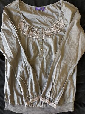 Mexx Sheer Grey Crochet-Trim Long Sleeve Henley Top